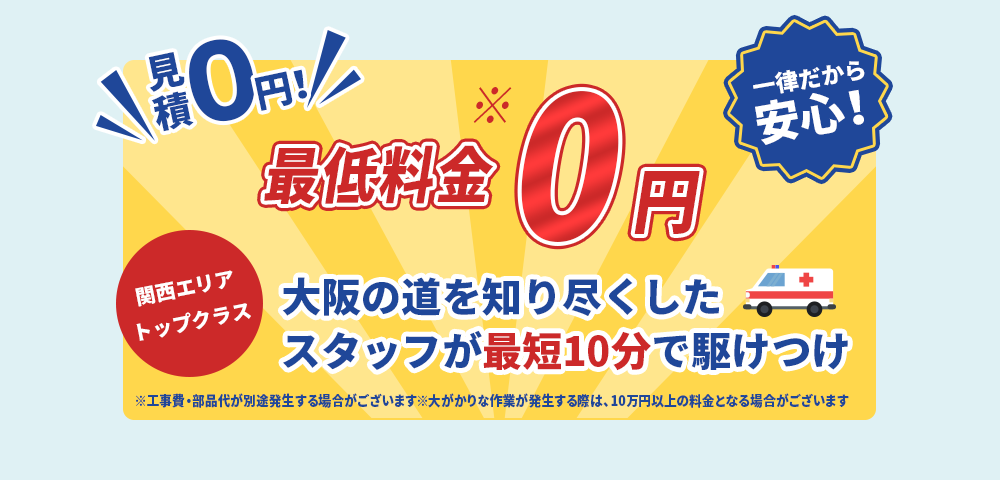 見積0円！ 最低料金0円一律だから安心！ 関西エリアトップクラス 大阪の道を知り尽くしたスタッフが最短10分で駆けつけ ※工事費・部品代が別途発生する場合がございます。※大がかりな作業が発生する際は、10万円以上の料金となる場合がございます。