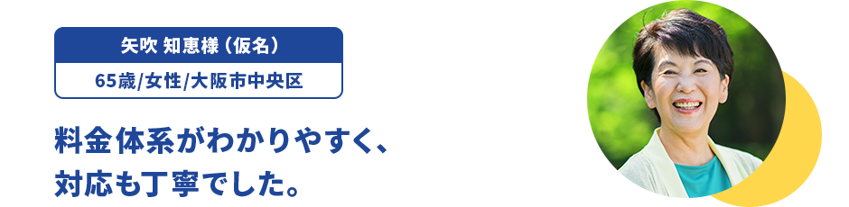 矢吹 知恵様（仮名）/65歳/女性/大阪市中央区 料金体系がわかりやすく、対応も丁寧でした。